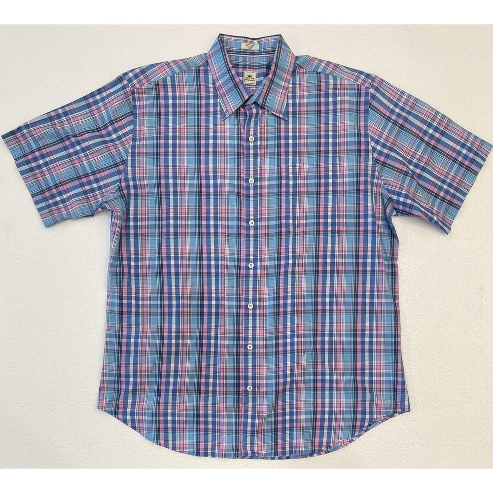Peter Millar Shirt Mens XL Blue Pink Plaid Pocket Casual